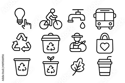 Eco-friendly Icon Set. Outline icon set of Eco-friendly habits: turning off lights, cycling, reducing water
