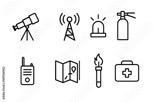 Watchtower Equipment Icons. Outline icon set of watchtower equipment: telescope, radio transmitter, alarm bell, fire extinguisher,