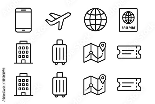Travel App Icons. Outline icon set of travel apps: smartphone, airplane, globe, passport, hotel building,