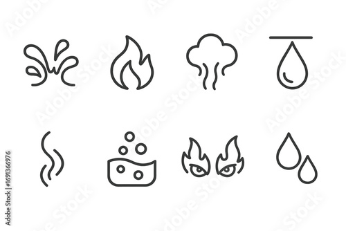Water and Fire Icons. Outline icon set of water and fire elements: water splash, fire flame, steam cloud, dripping water, smoke