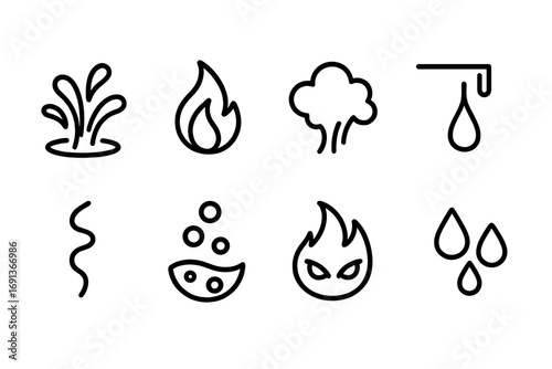 Water and Fire Icons. Outline icon set of water and fire elements: water splash, fire flame, steam cloud, dripping water, smoke