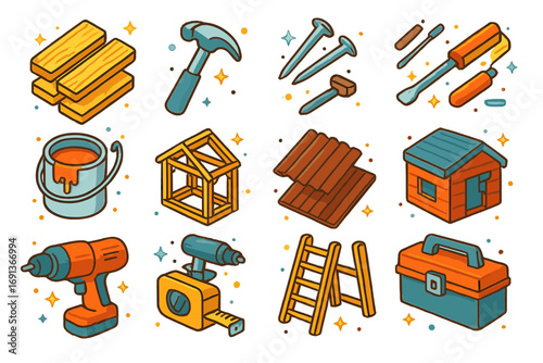 Garden Shed Icons. Colorful isometric vector icons set of building a garden shed: wooden planks, hammer, nails, screwdriver, paint