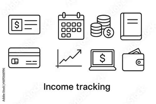 Income Tracking Icons. Outline icon set of Income tracking: paycheck, calendar, coins, ledger, credit card,