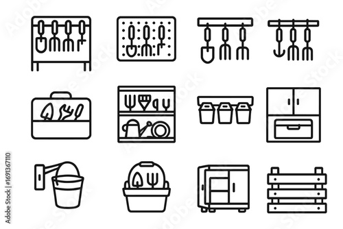 Garden Tools Storage Icons. Outline icon set of organizing repaired garden tools: tool rack, pegboard, tool box, hanging hooks,