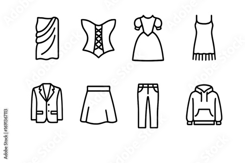 Fashion Evolution Icons. Outline icon set of Fashion evolution: toga, corset, Victorian dress, flapper dress,