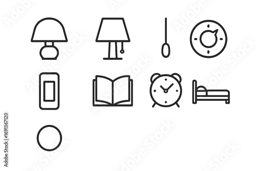 Bedside Lamp Controls Icons. Outline icon set of bedside lamp controls: night lamp, table lamp, pull cord,
