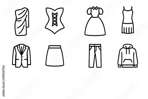 Fashion Evolution Icons. Outline icon set of Fashion evolution: toga, corset, Victorian dress, flapper dress,