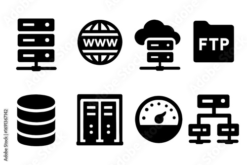 Web Hosting Icons. Solid, filled icon set of web hosting and servers: server rack, domain icon, cloud server, FTP folder, database