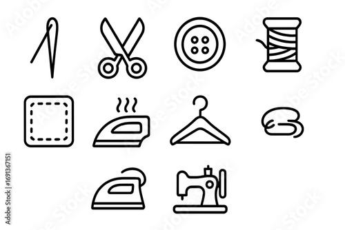 Fashion Repair Icons. Outline icon set of fashion repair and reuse: needle, scissors, button, thread, patch,