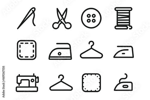 Fashion Repair Icons. Outline icon set of fashion repair and reuse: needle, scissors, button, thread, patch,