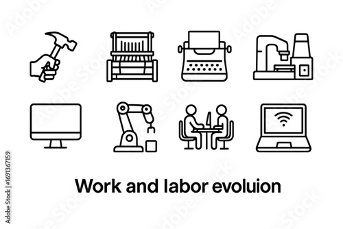 Work Evolution Icons. Outline icon set of Work and labor evolution: hand tool, loom, typewriter, factory
