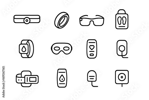 Wearable Health Devices Icons. Outline icon set of wearable health devices: chest strap monitor, fitness ring,