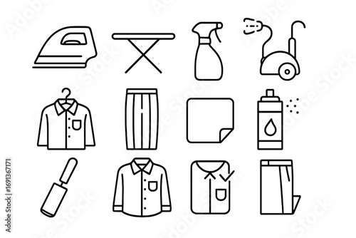 Garment Care Icons. Outline icon set of ironing and garment care: iron, ironing board, spray bottle, garment steamer, hanger with
