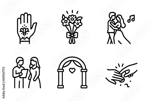 Wedding Tradition Icons. Outline icon set of engagement traditions: henna, bouquet toss, wedding cake, dance, vows, altar, rings