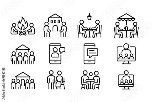 Social Evolution Icons. Outline icon set of Social interaction evolution: campfire gathering, town square,