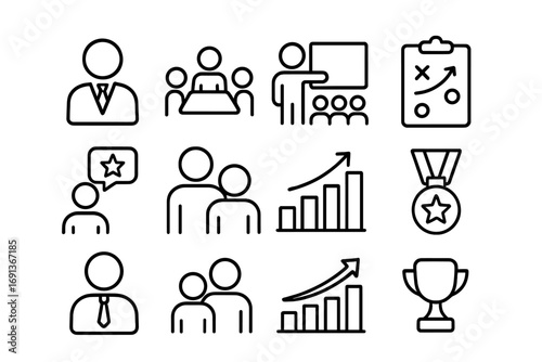Leadership Icons Set. Outline icon set of Leadership and management: manager, team meeting, presentation,