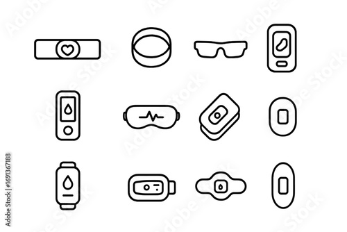 Wearable Health Devices Icons. Outline icon set of wearable health devices: chest strap monitor, fitness ring,