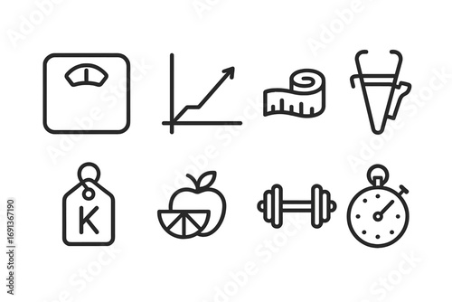 Weight Control Icons. Outline icon set of weight control: scale, BMI chart, measuring tape, body fat caliper, weight tag,