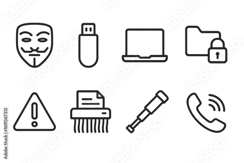 Whistleblower Icon Set. Outline icon set of whistleblowers and leaks: anonymous mask, USB drive, laptop, locked folder,