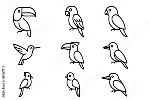 Tropical Bird Icons. Outline icon set of Tropical birds: toucan, macaw, parrot, hummingbird, hornbill, quetzal