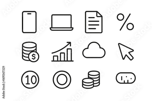 Digital Bond Trading Icons. Outline icon set of digital bond trading: smartphone, laptop, document, percentage