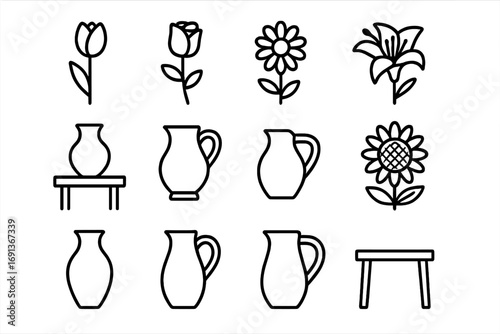 Floral Icon Grid. Outline icon set of floral still life setup: tulip, rose, daisy, lily, sunflower, vase,