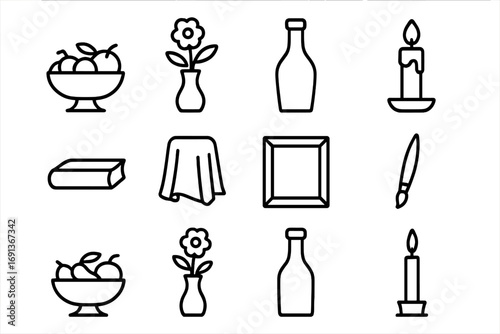 Still Life Icons. Outline icon set of still life art composition: fruit bowl, flower vase, bottle, candle,