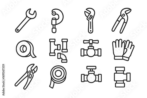 Plumbing Tools Icons. Outline icon set of Plumbing technicians installing piping systems: wrench, pipe cutter,