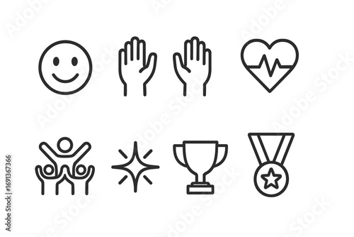Winning Emotions Icons. Outline icon set of winning emotions: smiley face, raised hands, heart pulse, clapping hands, cheering