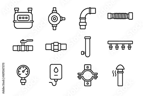 Gas Piping System Icons. Outline icon set of Gas piping systems for commercial buildings: gas meter, regulator, black iron pipe,