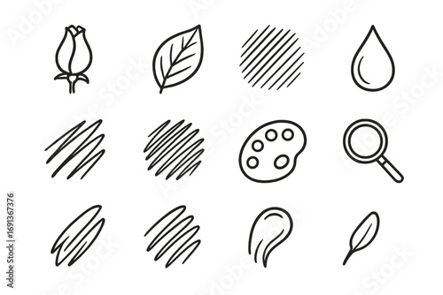 Art Study Icons. Outline icon set of realistic painting studies: flower bud, leaf, shading lines, water