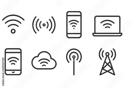 Wireless Network Icons. Outline icon set of wireless network: Wi-Fi signal, hotspot, smartphone, laptop, tablet, cloud, antenna,