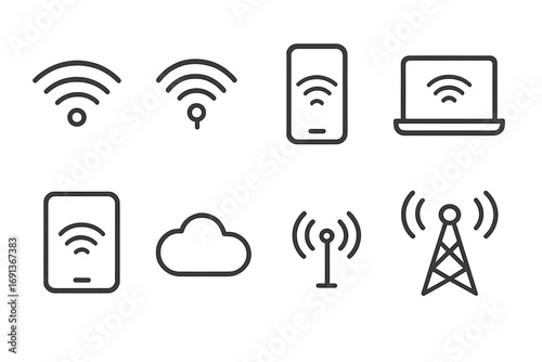 Wireless Network Icons. Outline icon set of wireless network: Wi-Fi signal, hotspot, smartphone, laptop, tablet, cloud, antenna,