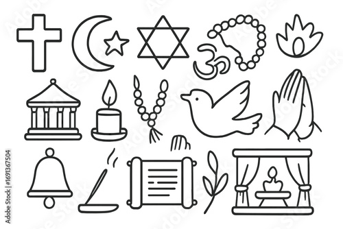 World Religion Symbols. Hand-drawn doodle illustration World religions symbols cross, crescent moon, star of David, Om symbol,