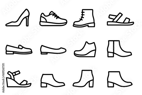 Footwear Icon Set. Outline icon set of Footwear design: high heels, sneakers, boots, sandals, loafers, ballet
