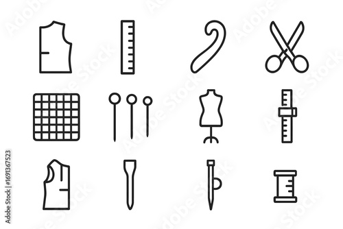 Tailoring Tools Icons. Outline icon set of Pattern making and tailoring: pattern paper, ruler, curves ruler,