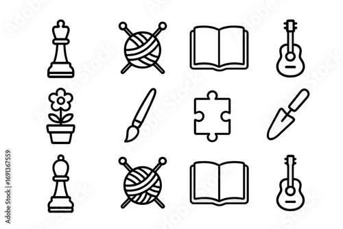 Elderly Leisure Icons. Outline icon set of elderly leisure activities: chess piece, knitting yarn, book,