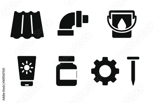 Zinc Products Icon Set. Solid, filled icon set of zinc products: roofing sheet, pipe fitting, battery, paint can, sunscreen tube,