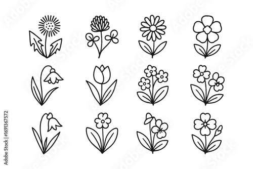 Spring Meadow Icons. Outline icon set of Spring meadow flowers: dandelion, clover, daisy, buttercup, bluebell,