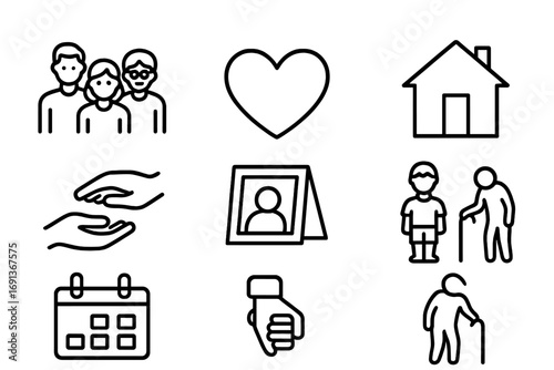 Intergenerational Support Icons. Outline icon set of intergenerational family support: family group, heart,