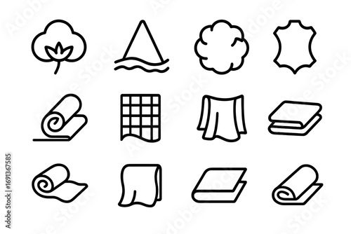 Fabric Icons Grid. Outline icon set of Fabric and material types: cotton, silk, wool, leather, velvet, linen,