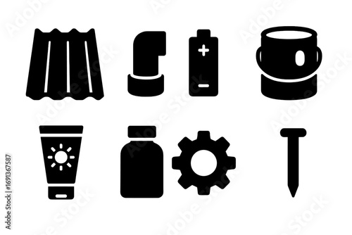 Zinc Products Icon Set. Solid, filled icon set of zinc products: roofing sheet, pipe fitting, battery, paint can, sunscreen tube,