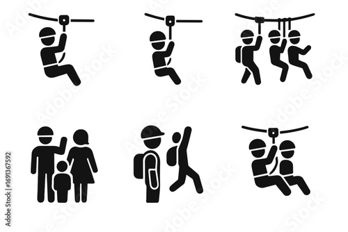 Zip Line Icon Set. Solid, filled icon set of zip line users: adult rider, child rider, group of riders, instructor, tourist with
