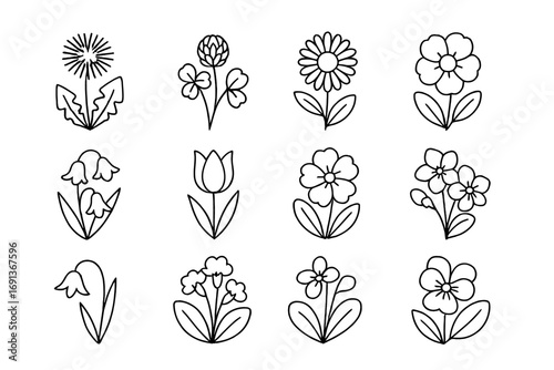 Spring Meadow Icons. Outline icon set of Spring meadow flowers: dandelion, clover, daisy, buttercup, bluebell,