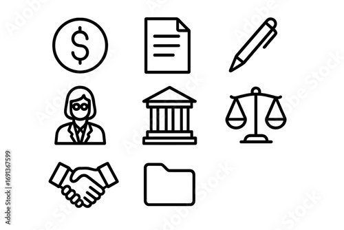 Affordable Legal Icon Set. Outline icon set of affordable legal help: dollar sign, document, pen, lawyer,