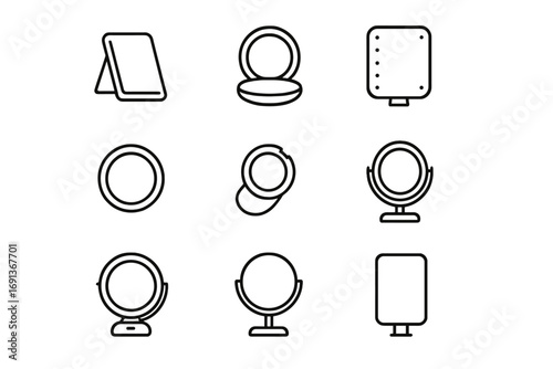 Travel Mirror Icons. Outline icon set of Travel cosmetic mirrors: folding mirror, compact mirror, LED mini