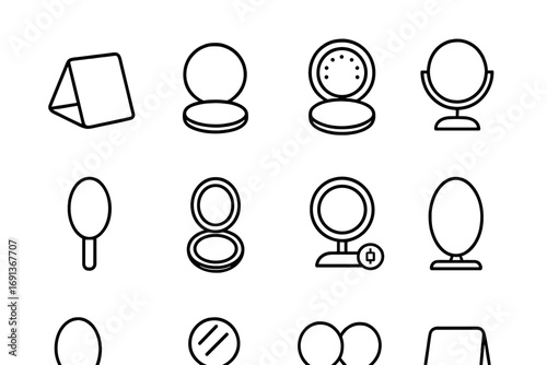 Travel Mirror Icons. Outline icon set of Travel cosmetic mirrors: folding mirror, compact mirror, LED mini