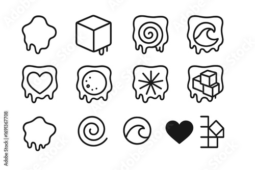 Frozen Art Icons. Outline icon set of frozen art themes: abstract shape, cube, spiral, wave, heart, sphere,