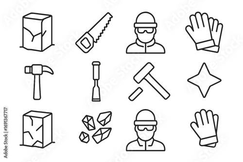 Ice Carving Icons. Outline icon set of traditional ice carving: block of ice, saw, chisel, hammer, craftsman,