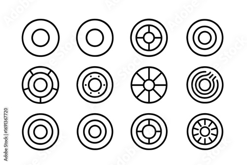 Roller Skate Wheel Icons. Outline icon set of Roller skate wheel types: soft wheel, hard wheel, outdoor wheel,